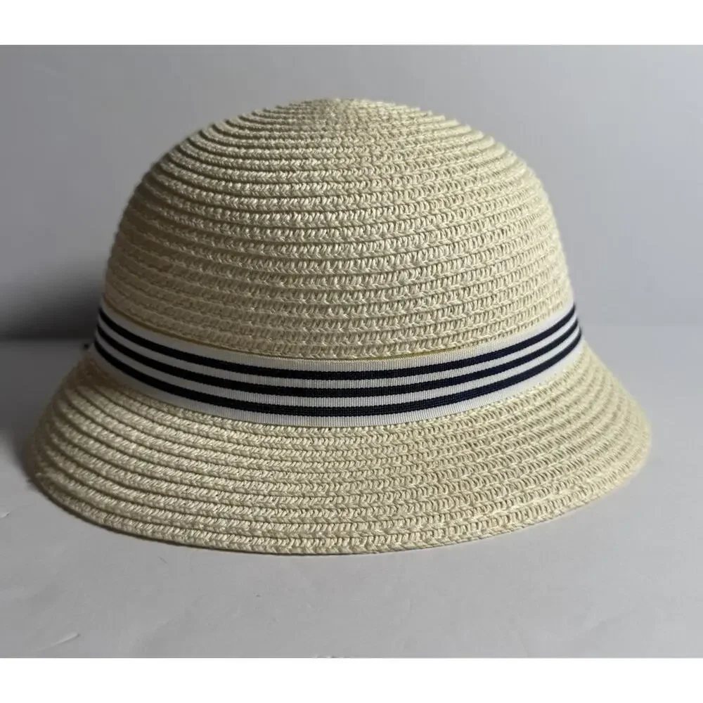 CXY Women’s Straw Sun Hat Cream Navy Striped Bow Cloche Bucket NWT